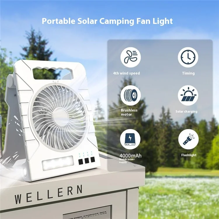 3 Gears Adjustable Solar Powered Desk Fan with LED Light Portable Power Bank for Camping  /  Hiking - Black