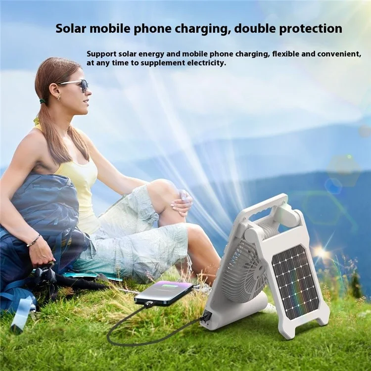 3 Gears Adjustable Solar Powered Desk Fan with LED Light Portable Power Bank for Camping  /  Hiking - Black