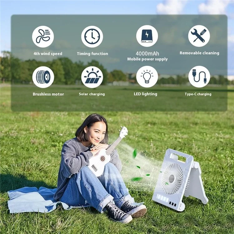 3 Gears Adjustable Solar Powered Desk Fan with LED Light Portable Power Bank for Camping  /  Hiking - Black
