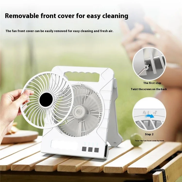 3 Gears Adjustable Solar Powered Desk Fan with LED Light Portable Power Bank for Camping  /  Hiking - Black
