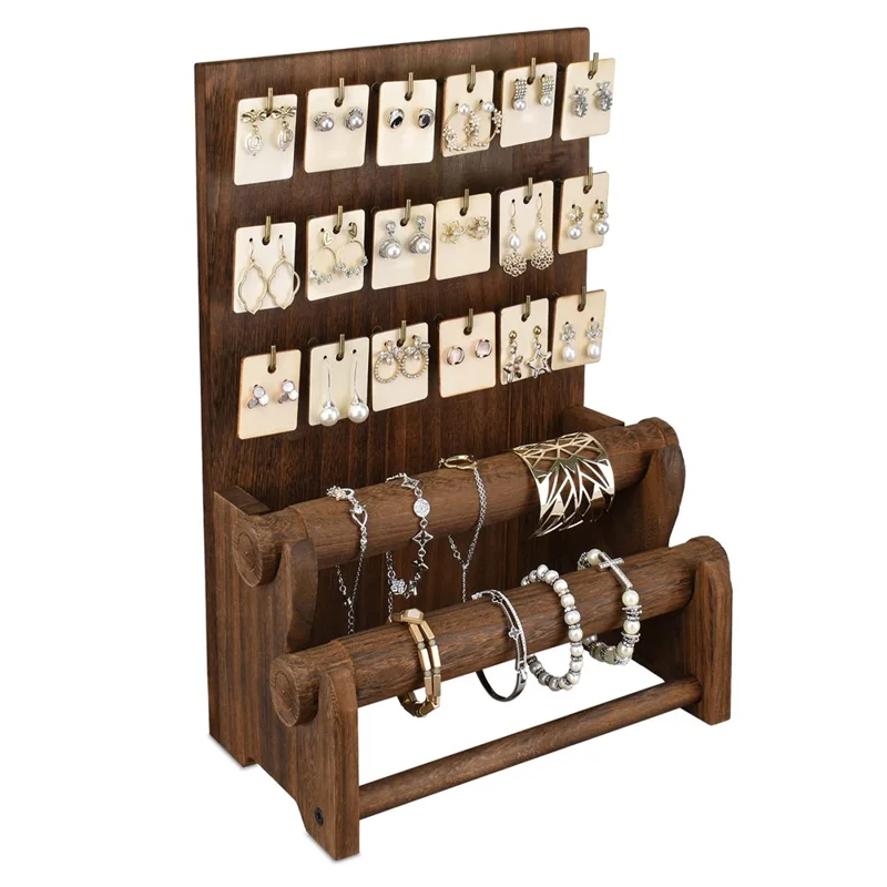 Wooden Jewelry Display Stand with Hooks Bracelet Holder Organizer for Necklaces / Earrings