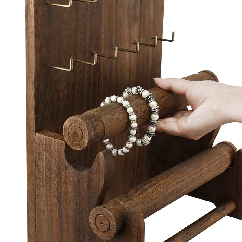 Wooden Jewelry Display Stand with Hooks Bracelet Holder Organizer for Necklaces / Earrings