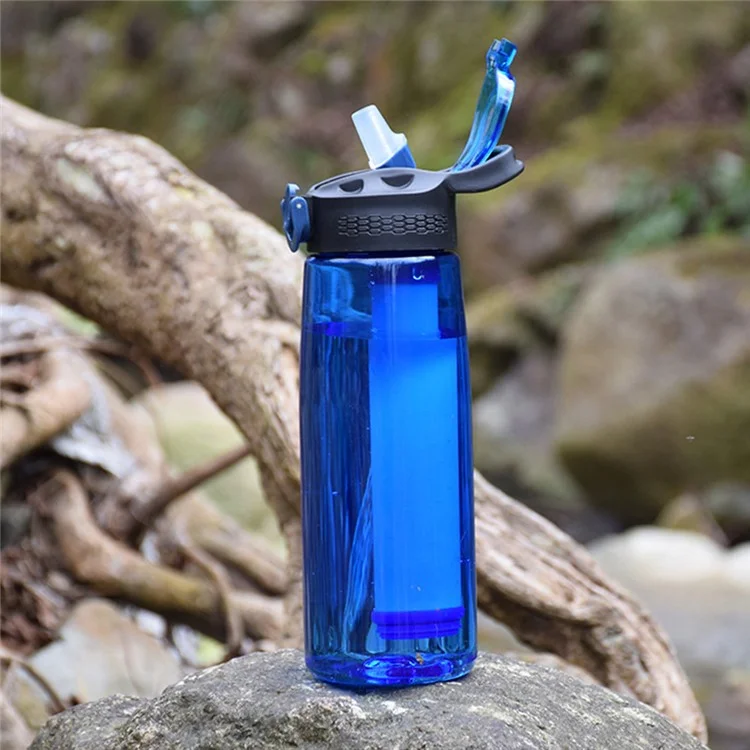 650ml Water Bottle with Filter Straw Outdoor Camping Filtered Water Cup Portable Water Purifier (BPA Free, FDA Certified) - Blue
