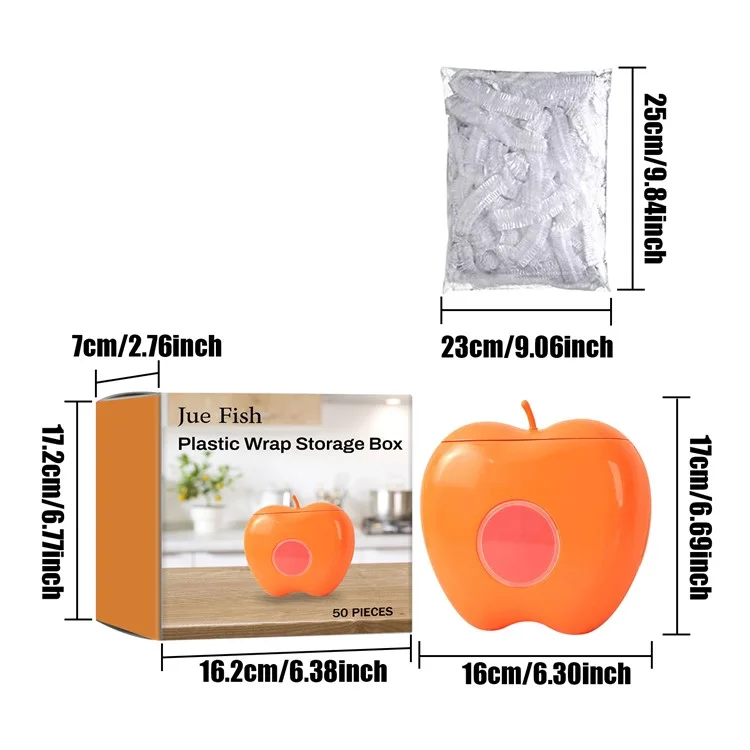JUE-FISH JUC09-A007-5-OG1 Film transparente de plástico para cocina con 50 unidades, dispensador con forma de manzana para cubrir alimentos