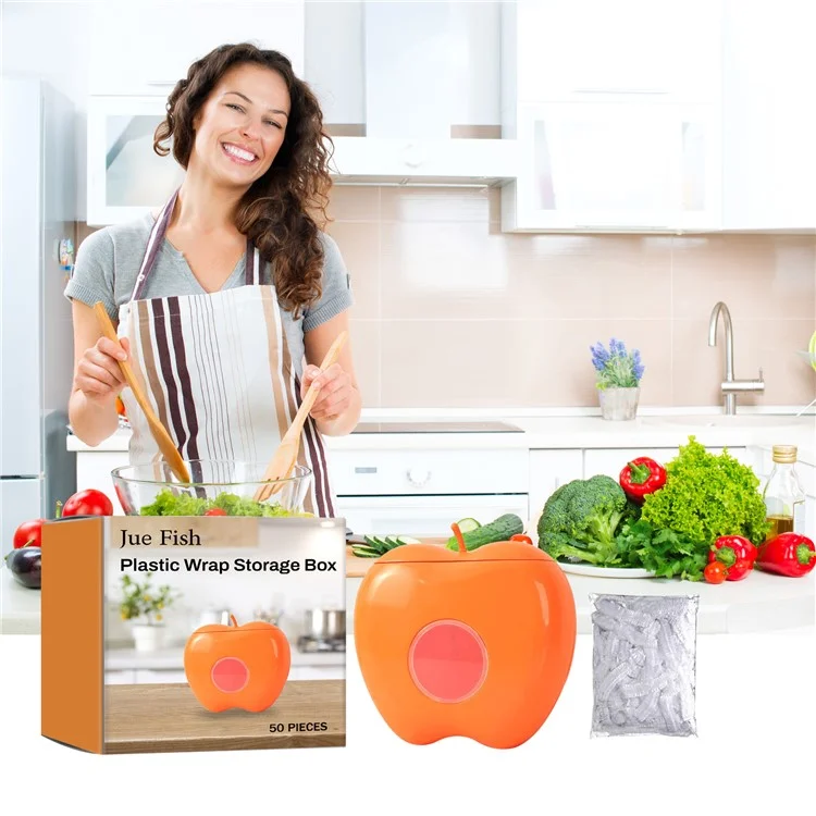 JUE-FISH JUC09-A007-5-OG1 Film transparente de plástico para cocina con 50 unidades, dispensador con forma de manzana para cubrir alimentos