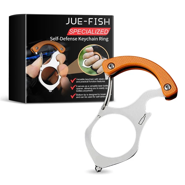 JUE-FISH JUB06-A041-1-BK1 Multifunktionaler Metall-Selbstverteidigungsschlüsselanhänger mit Ring, Flaschenöffner und Glasbrecher