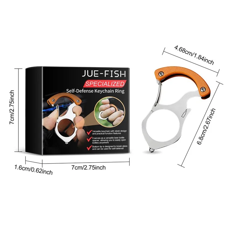 JUE-FISH JUB06-A041-1-BK1 Multifunktionaler Metall-Selbstverteidigungsschlüsselanhänger mit Ring, Flaschenöffner und Glasbrecher