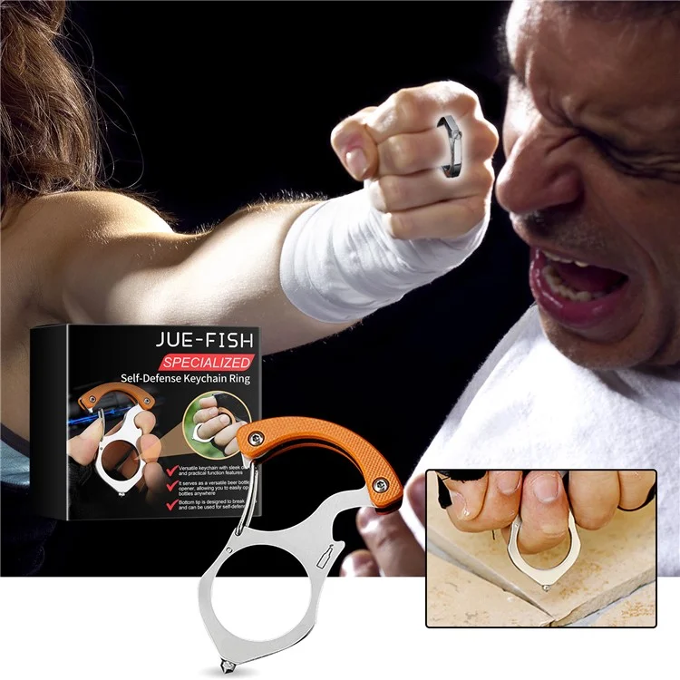 JUE-FISH JUB06-A041-1-BK1 Multifunktionaler Metall-Selbstverteidigungsschlüsselanhänger mit Ring, Flaschenöffner und Glasbrecher