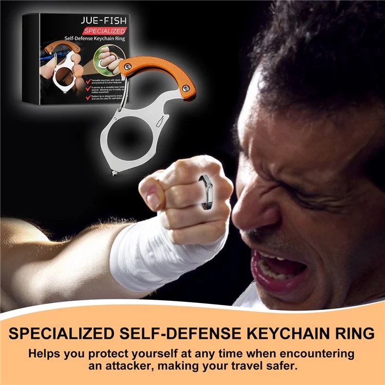 JUE-FISH JUB06-A041-1-BK1 Multifunktionaler Metall-Selbstverteidigungsschlüsselanhänger mit Ring, Flaschenöffner und Glasbrecher