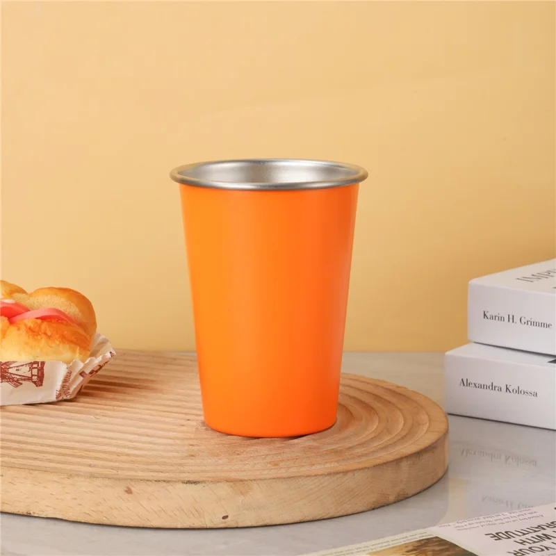 Jarra de Cerveza de Acero Inoxidable 304 de 480 ml, Capa Única Portátil con Borde Enrollado, Vaso para Bebidas Frías - Naranja