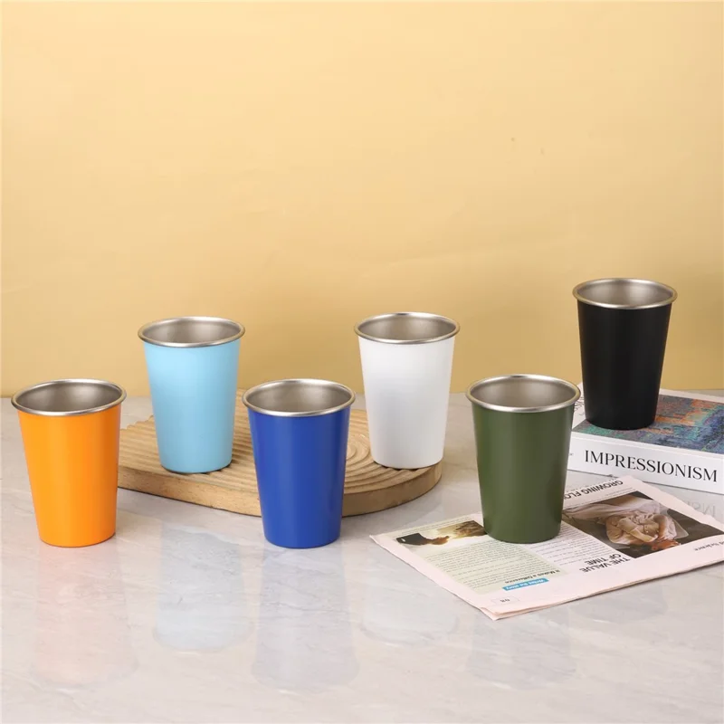 Jarra de Cerveza de Acero Inoxidable 304 de 480 ml, Capa Única Portátil con Borde Enrollado, Vaso para Bebidas Frías - Naranja