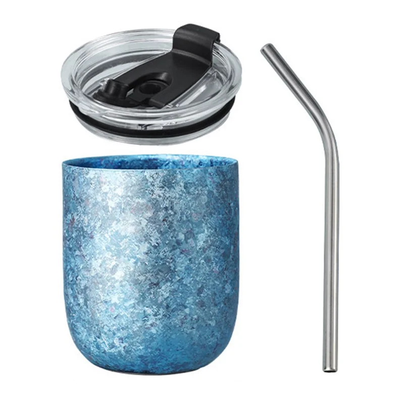 360ml Pure Titanium Double Wall Beer Mug Insulated Frost Flower Design Hot Cold Drinks Cup (BPA Free, No FDA) - Blue