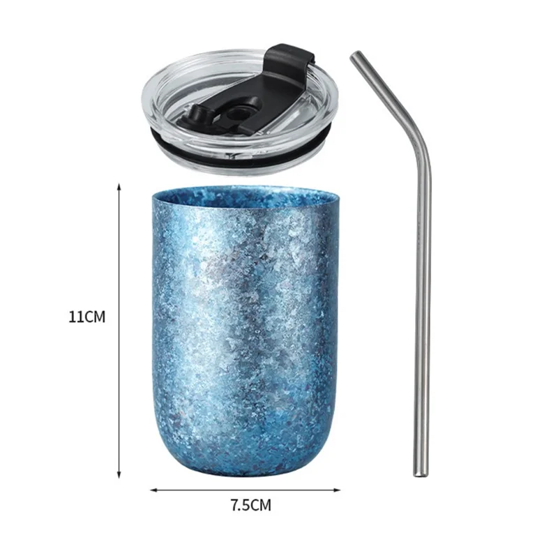 360ml Pure Titanium Double Wall Beer Mug Insulated Frost Flower Design Hot Cold Drinks Cup (BPA Free, No FDA) - Blue