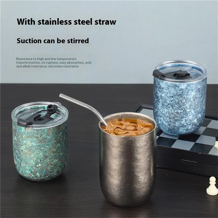 260 ml Pur Titane Double Paroi Chope à Bière Isotherme Motif Fleur Glacée Tasse pour Boissons Chaudes et Froides (Sans BPA, Pas d'Homologation FDA) - Couleur Naturelle