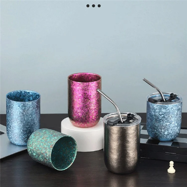 260 ml Pur Titane Double Paroi Chope à Bière Isotherme Motif Fleur Glacée Tasse pour Boissons Chaudes et Froides (Sans BPA, Pas d'Homologation FDA) - Couleur Naturelle