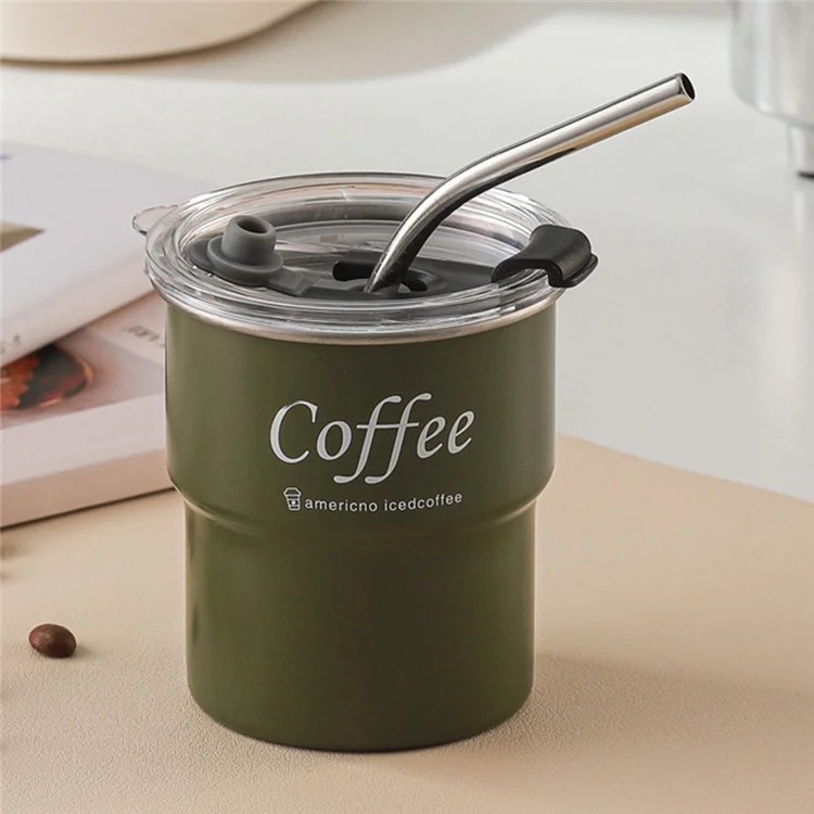 Single Layer 304 Stainless Steel Coffee Mug Portable Outdoor Camping Beer Cup with Lid and Straw (BPA Free, No FDA) - Green