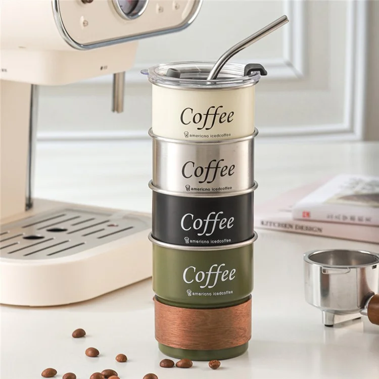 Single Layer 304 Stainless Steel Coffee Mug Portable Outdoor Camping Beer Cup with Lid and Straw (BPA Free, No FDA) - Green