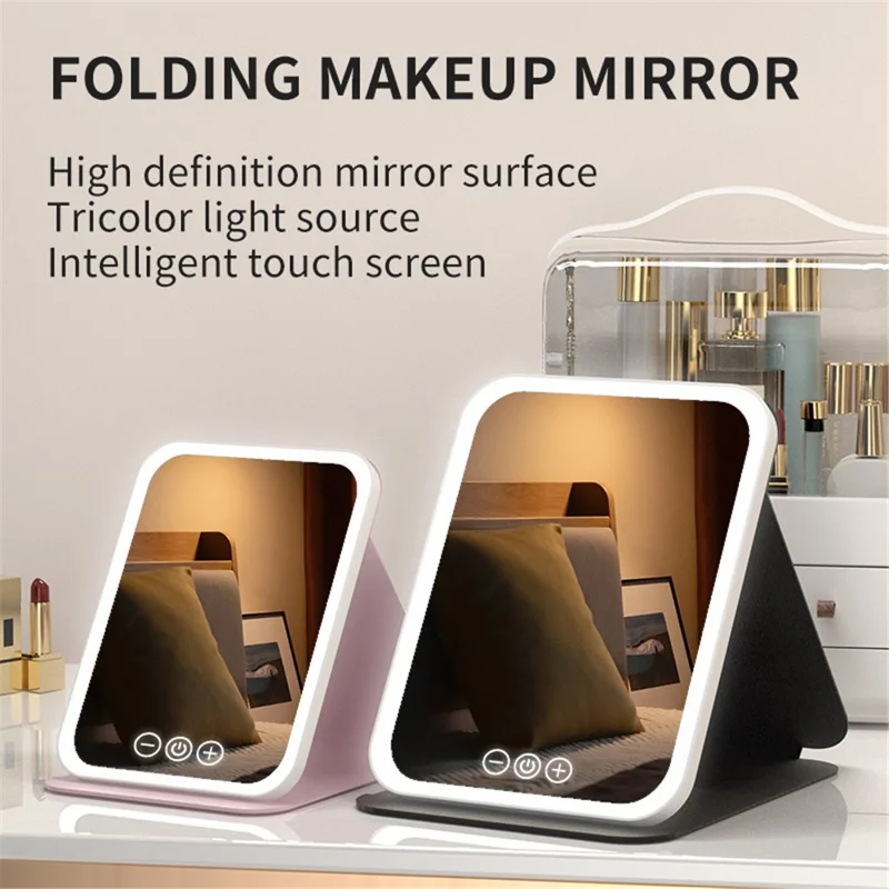 806 Touch Control 3 Colors Dimmable Foldable LED Vanity Mirror Rechargeable Travel Makeup Mirror, Size S - Pink