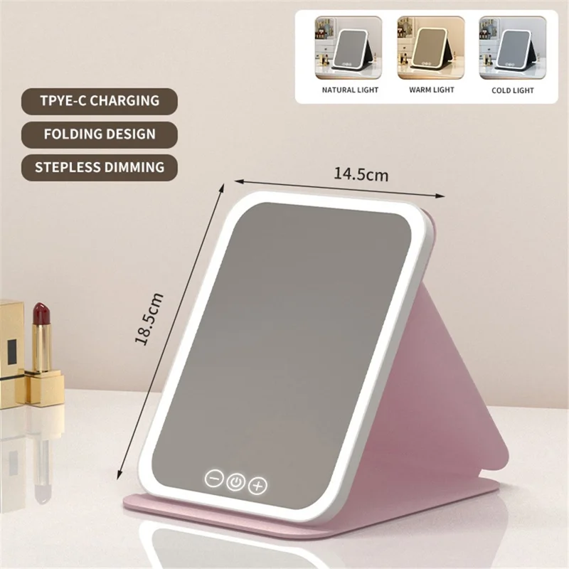 806 Touch Control 3 Colors Dimmable Foldable LED Vanity Mirror Rechargeable Travel Makeup Mirror, Size S - Pink