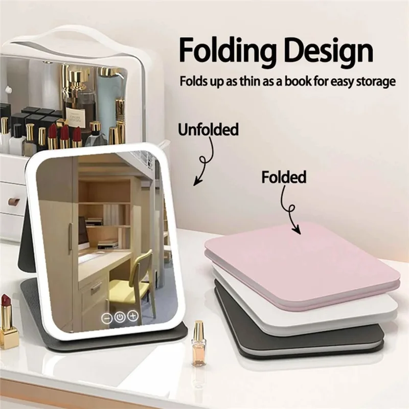 806 Touch Control 3 Colors Dimmable Foldable LED Vanity Mirror Rechargeable Travel Makeup Mirror, Size S - Pink