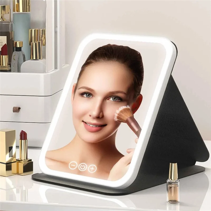 806 Touch Control 3 Colors Dimmable Foldable LED Vanity Mirror Rechargeable Travel Makeup Mirror, Size S - Pink
