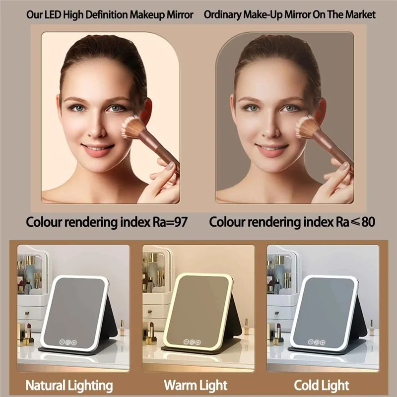 806 Touch Control 3 Colors Dimmable Foldable LED Vanity Mirror Rechargeable Travel Makeup Mirror, Size S - Pink