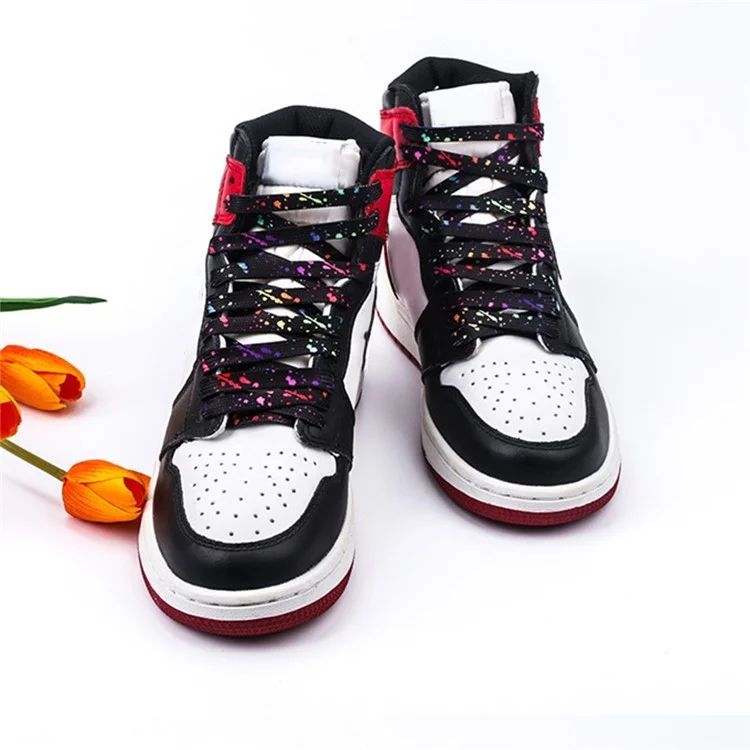 Lacci per Scarpe Piatti da 120 cm Stampati, per Sneakers in Tela, con Inchiostro Schizzato, Sostituzione Lacci per Uomo e Donna - Nero / Puntini Colorati
