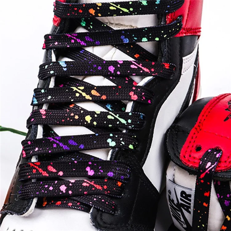 Lacci per Scarpe Piatti da 120 cm Stampati, per Sneakers in Tela, con Inchiostro Schizzato, Sostituzione Lacci per Uomo e Donna - Nero / Puntini Colorati