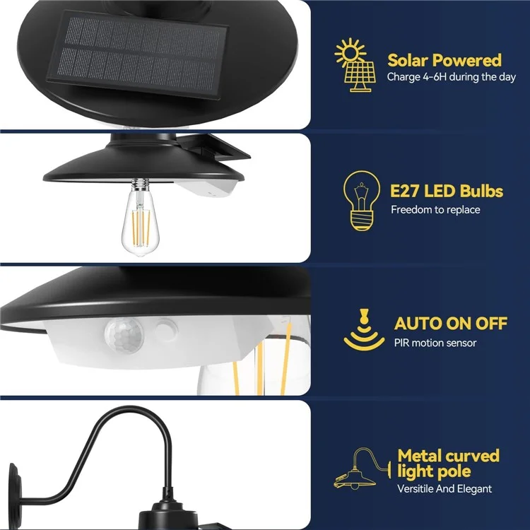 Lâmpada Solar Retrô de Parede Edison com 3 Modos, Sensor de Movimento e à Prova d'Água para Ambiente Externo