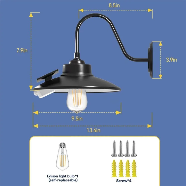 Lâmpada Solar Retrô de Parede Edison com 3 Modos, Sensor de Movimento e à Prova d'Água para Ambiente Externo