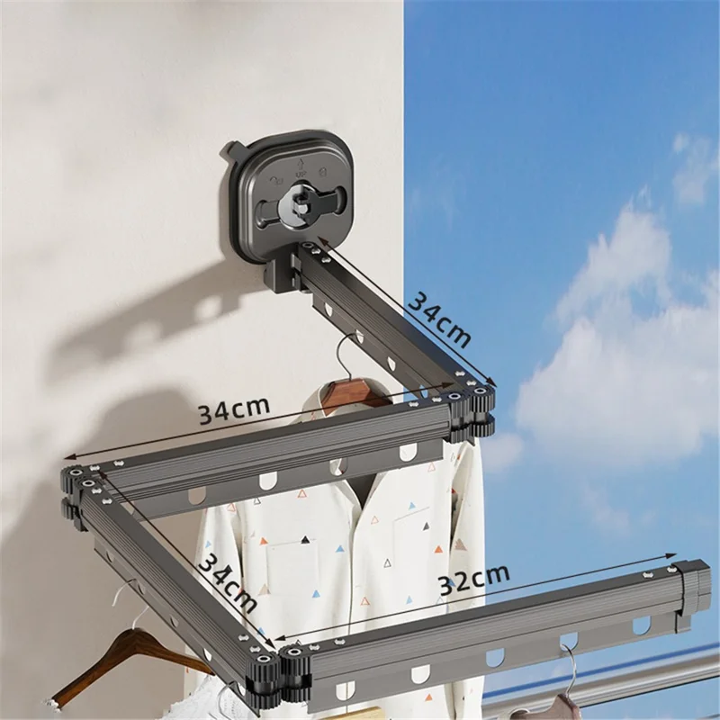 4 Section Retractable Folding Clothes Drying Rack Aluminum Alloy Balcony Window Space Saving Suction Cup Hanging Rack - Grey