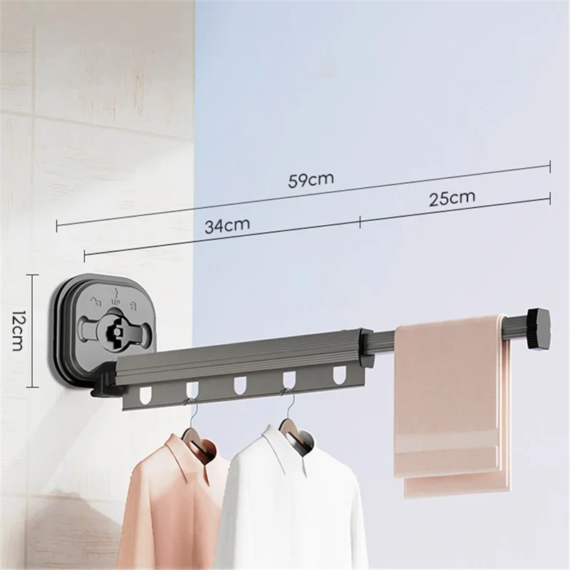 1 Section Retractable Folding Clothes Drying Rack Aluminum Alloy Balcony Window Space Saving Suction Cup Hanging Rack - Grey