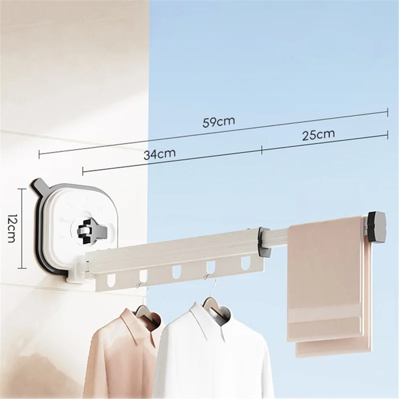 1 Section Retractable Folding Clothes Drying Rack Aluminum Alloy Balcony Window Space Saving Suction Cup Hanging Rack - White