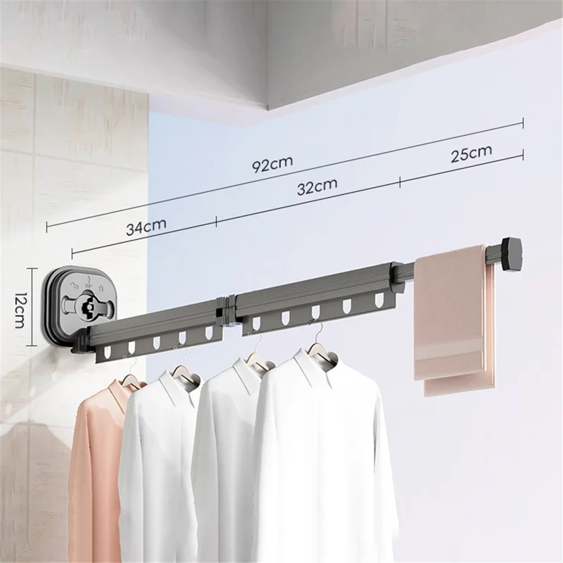 2 Section Retractable Folding Clothes Drying Rack Aluminum Alloy Balcony Window Space Saving Suction Cup Hanging Rack - Grey
