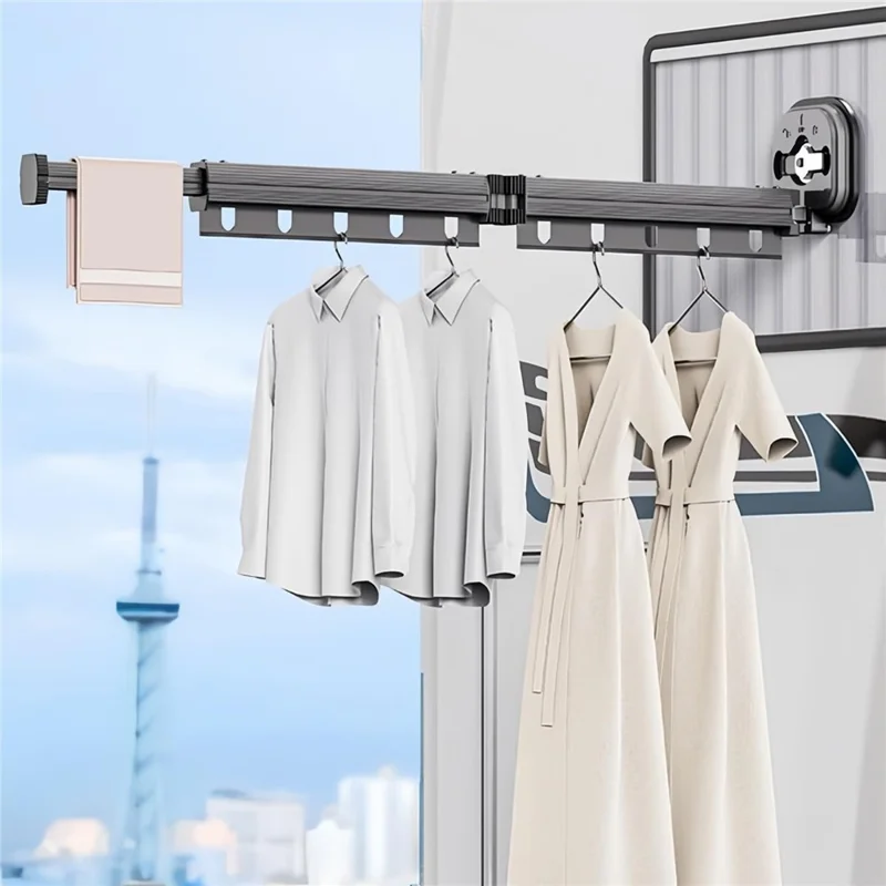 2 Section Retractable Folding Clothes Drying Rack Aluminum Alloy Balcony Window Space Saving Suction Cup Hanging Rack - Grey