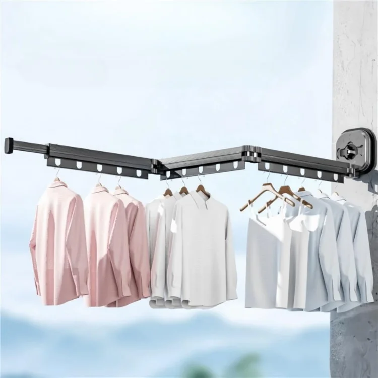 3 Section Retractable Folding Clothes Drying Rack Aluminum Alloy Balcony Window Space Saving Suction Cup Hanging Rack - White