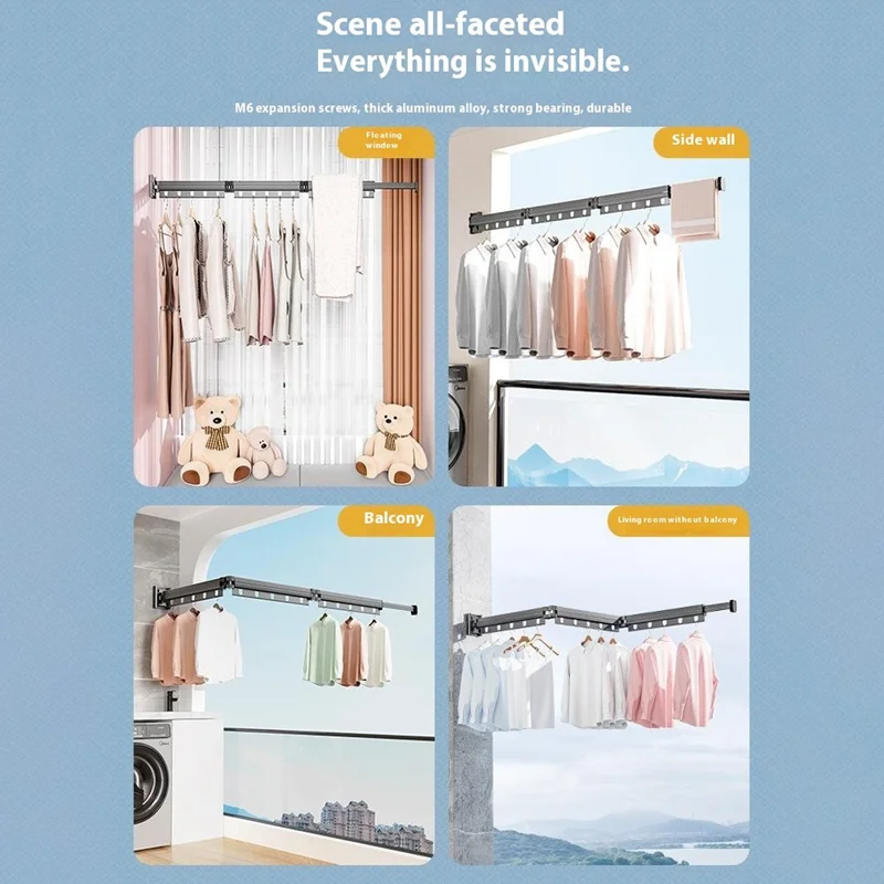 Folding Balcony Clothes Drying Rack 4 Sections Retractable Laundry Hanger for Window / Indoor - Tarnish
