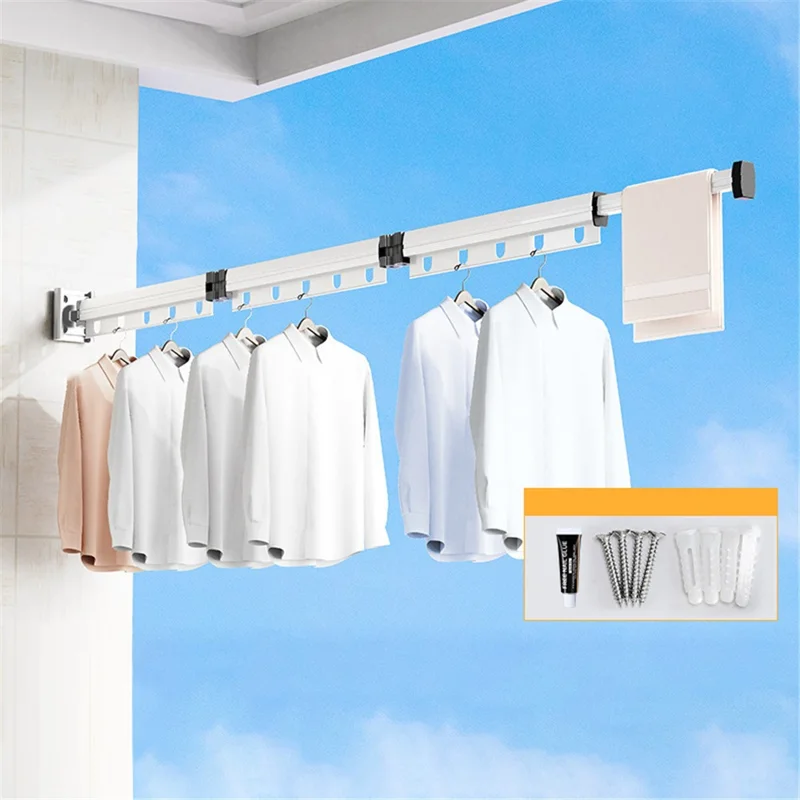 3 Sections Folding Clothes Drying Rack Wall Mounted Laundry Hanger for Balcony / Bathroom - White