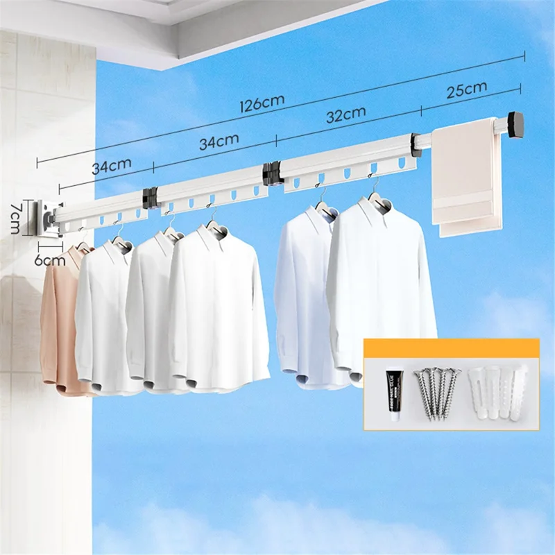 3 Sections Folding Clothes Drying Rack Wall Mounted Laundry Hanger for Balcony / Bathroom - White