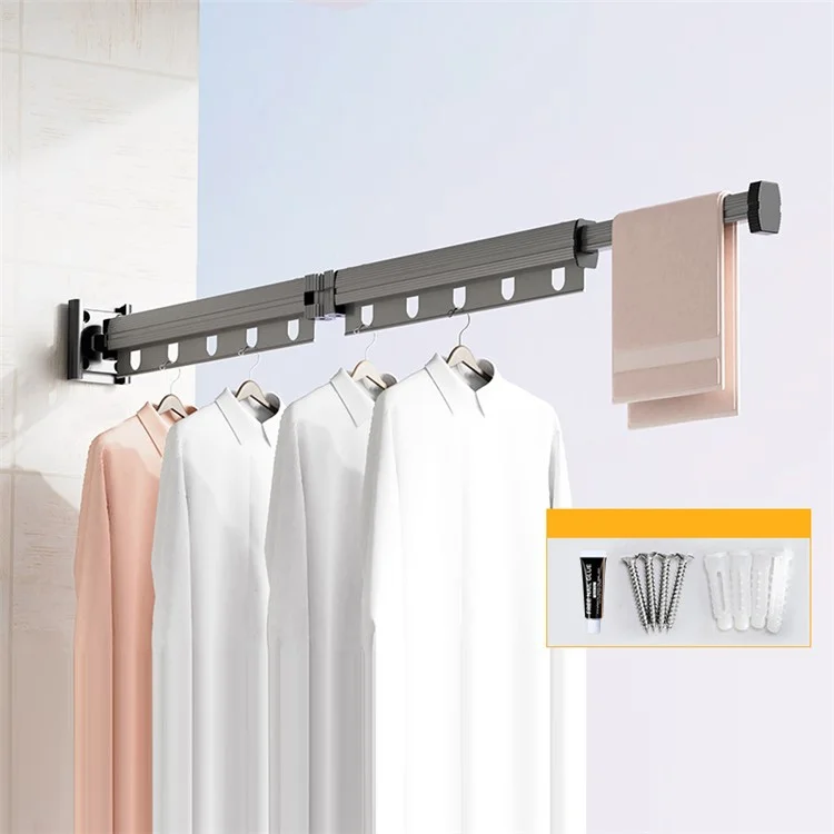 2 Sections Folding Balcony Clothes Drying Rack Wall Mounted Retractable Clothing Pole - Tarnish