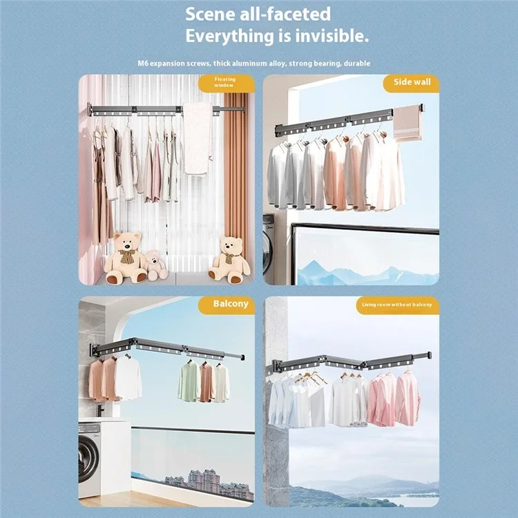 2 Sections Folding Balcony Clothes Drying Rack Wall Mounted Retractable Clothing Pole - Tarnish