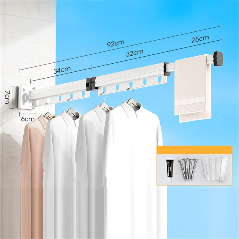 2 Sections Folding Balcony Clothes Drying Rack Wall Mounted Retractable Clothing Pole - White