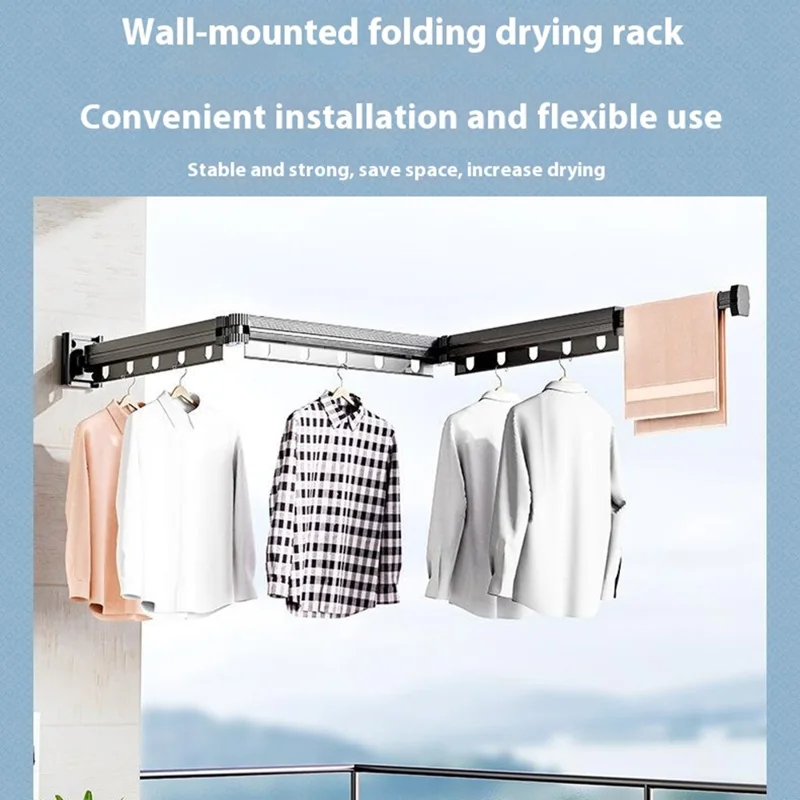 2 Sections Folding Balcony Clothes Drying Rack Wall Mounted Retractable Clothing Pole - White