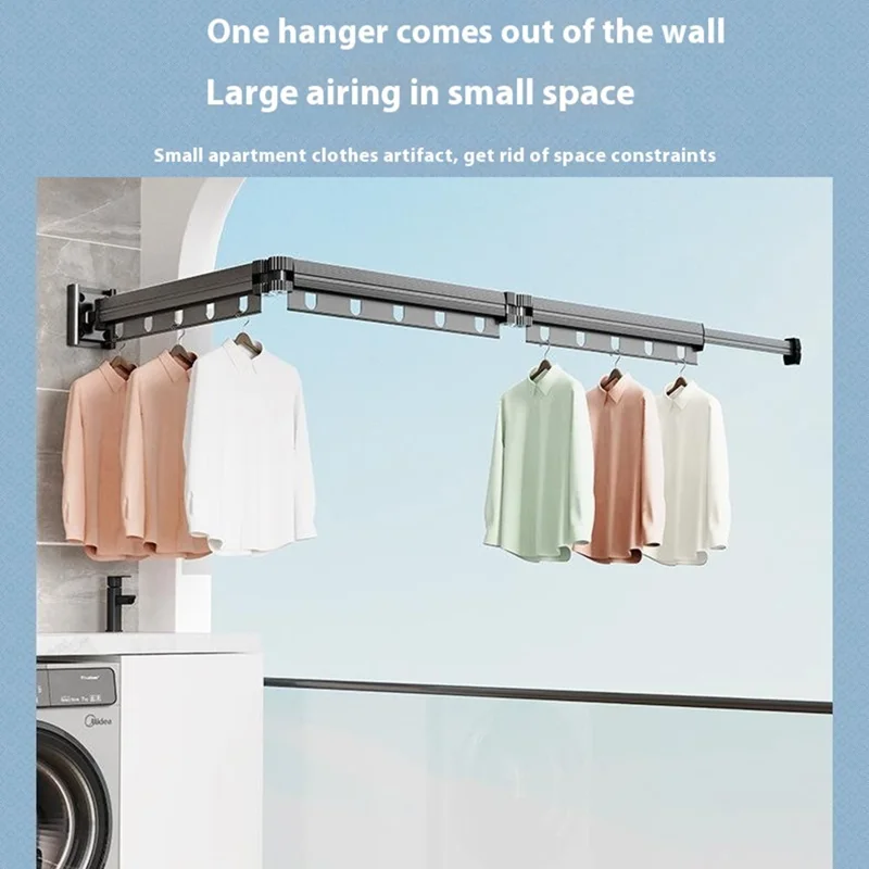 2 Sections Folding Balcony Clothes Drying Rack Wall Mounted Retractable Clothing Pole - White