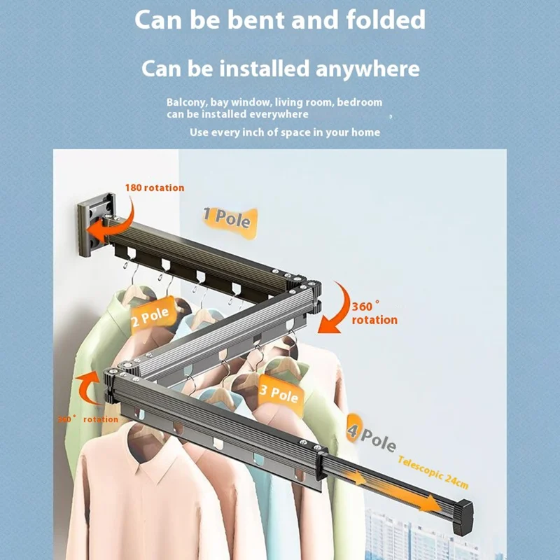 5 Sections Folding Clothes Drying Rack Wall Mounted Laundry Hanger for Balcony / Bathroom - White