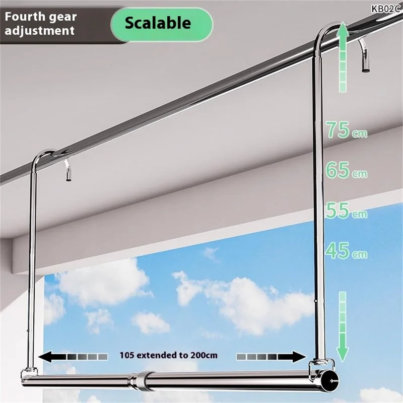 KB02C Retractable Clothes Drying Rack For Balcony Indoor Stainless Steel Laundry Rod Adjustable 4 Levels 105-200cm