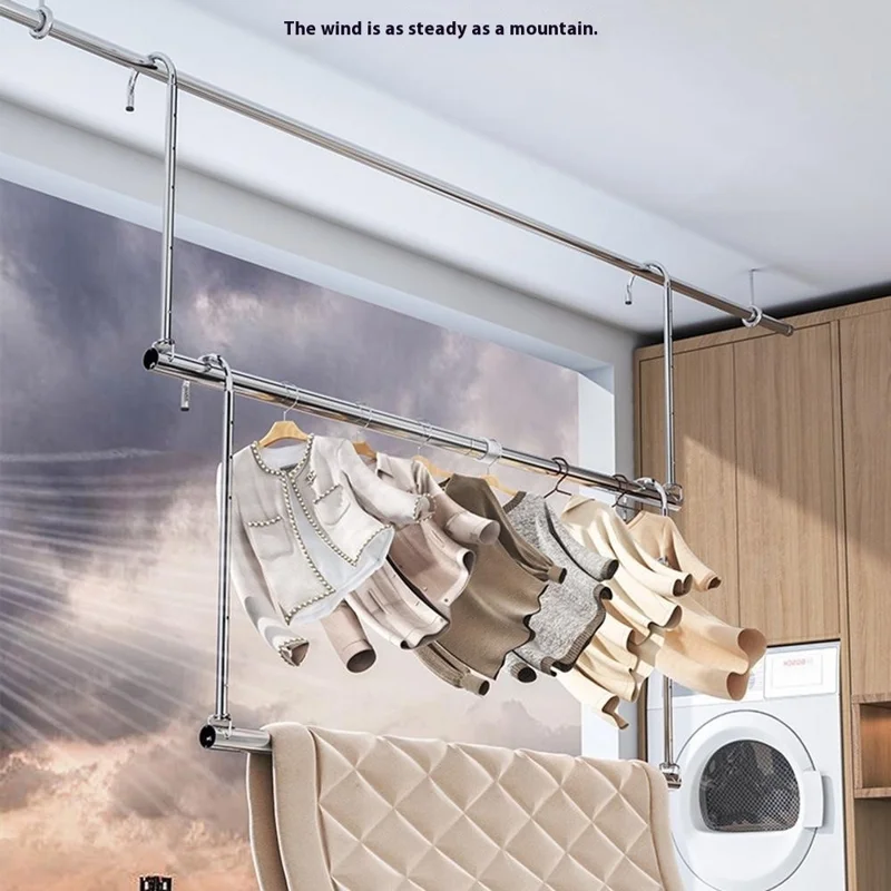 KB02C Retractable Clothes Drying Rack For Balcony Indoor Stainless Steel Laundry Rod Adjustable 4 Levels 105-200cm