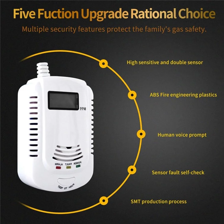 XY-808COM Carbon Monoxide Alarm Detector Compound Type Fuel Gas Monitor CO Sensor with LCD Display - US Plug
