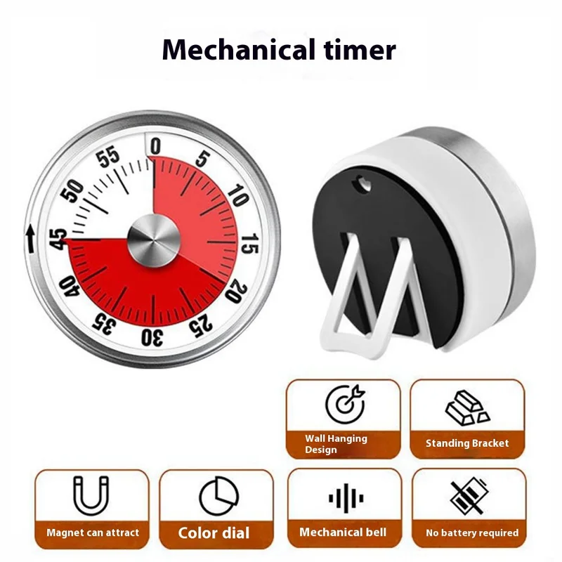 Mechanical Kitchen Timer with Stand / Magnetic Base Visual Countdown for Students / Cooking Loud Alarm - White