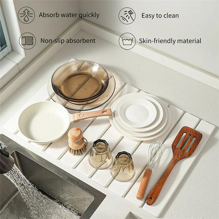 60 x 39cm Foldable Diatomite Drying Mat for Kitchen Bathroom Absorbent Dish Drainer Countertop Drying Pad - White